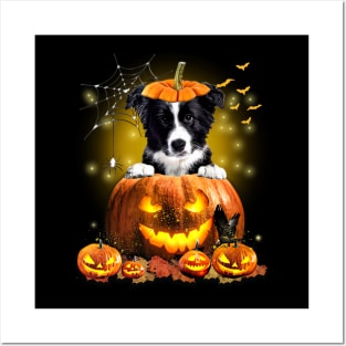 Border Collie Spooky Halloween Pumpkin Dog Head Posters and Art